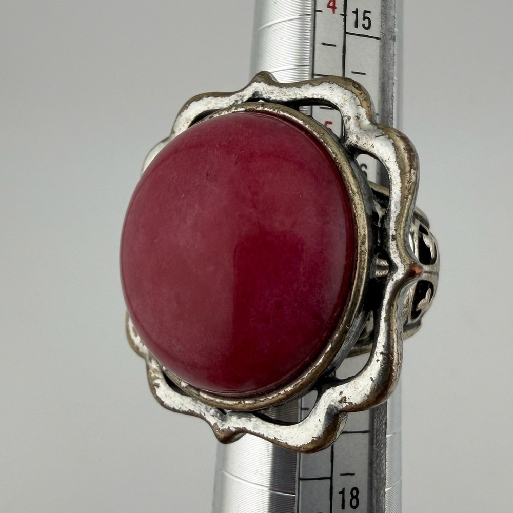 Lucky Brand Red Cabochon Statement Ring Silver Tone Filigree Band Size 6‎
